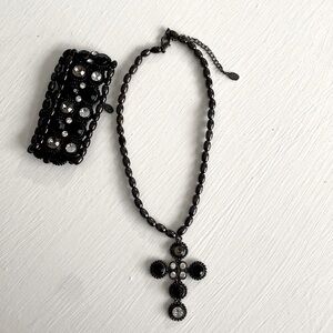 Cookie Lee Black Cross Rhinestone Hematite Beaded Necklace Stretch Bracelet Set